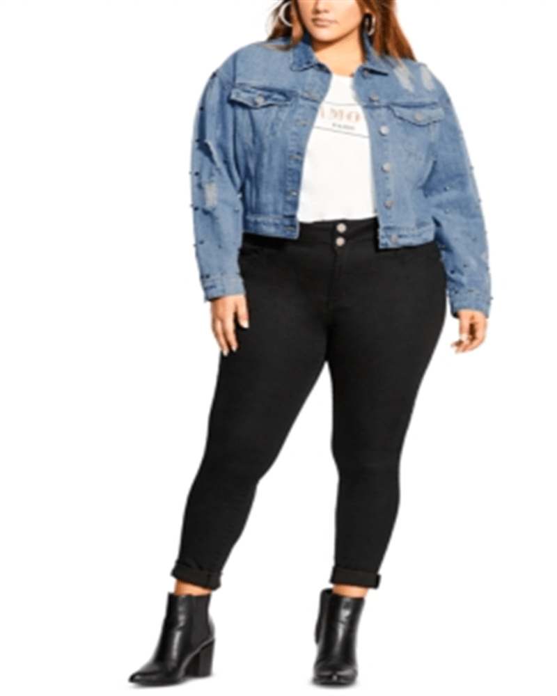 Front of a model wearing a size 24W City Chic Women's Trendy Plus Size Cotton Studded Cropped Denim Jacket - Light Denim Blue Size 24W in Blue by City Chic. | dia_product_style_image_id:314336